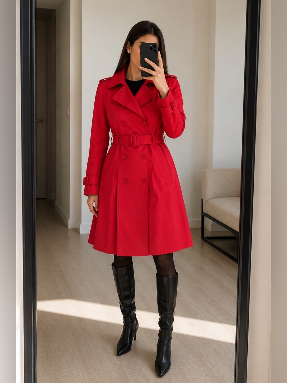Kate Spade New York Red Double-Breasted Belted Trench Coat Size L